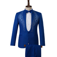 Men's Stand Collar Rhinestones Suit Fashion Embroidery Blazer Slim Set Chorus Team Singer Dancer Host Stage Costume Red Suits