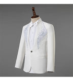 Men's Stand Collar Rhinestones Suit Fashion Embroidery Blazer Slim Set Chorus Team Singer Dancer Host Stage Costume Red Suits