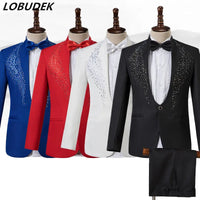 Men's Stand Collar Rhinestones Suit Fashion Embroidery Blazer Slim Set Chorus Team Singer Dancer Host Stage Costume Red Suits