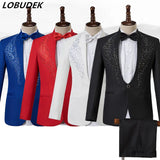 Men's Stand Collar Rhinestones Suit Fashion Embroidery Blazer Slim Set Chorus Team Singer Dancer Host Stage Costume Red Suits