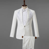 Men's Stand Collar Rhinestones Suit Fashion Embroidery Blazer Slim Set Chorus Team Singer Dancer Host Stage Costume Red Suits