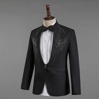 Men's Stand Collar Rhinestones Suit Fashion Embroidery Blazer Slim Set Chorus Team Singer Dancer Host Stage Costume Red Suits