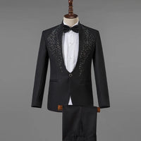 Men's Stand Collar Rhinestones Suit Fashion Embroidery Blazer Slim Set Chorus Team Singer Dancer Host Stage Costume Red Suits