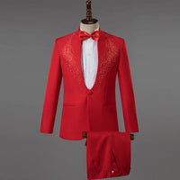 Men's Stand Collar Rhinestones Suit Fashion Embroidery Blazer Slim Set Chorus Team Singer Dancer Host Stage Costume Red Suits